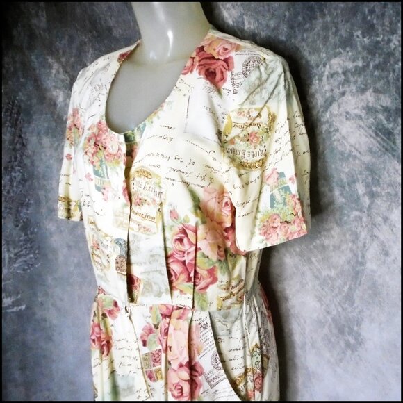 Rayon Romper Pink Retro Summer Floral With Pockets, Large Size - Picture 5 of 15